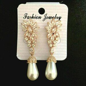 18k Rose Gold Plated Cubic Zirconia Bridal Wedding Crystal Pearl Drop Earrings